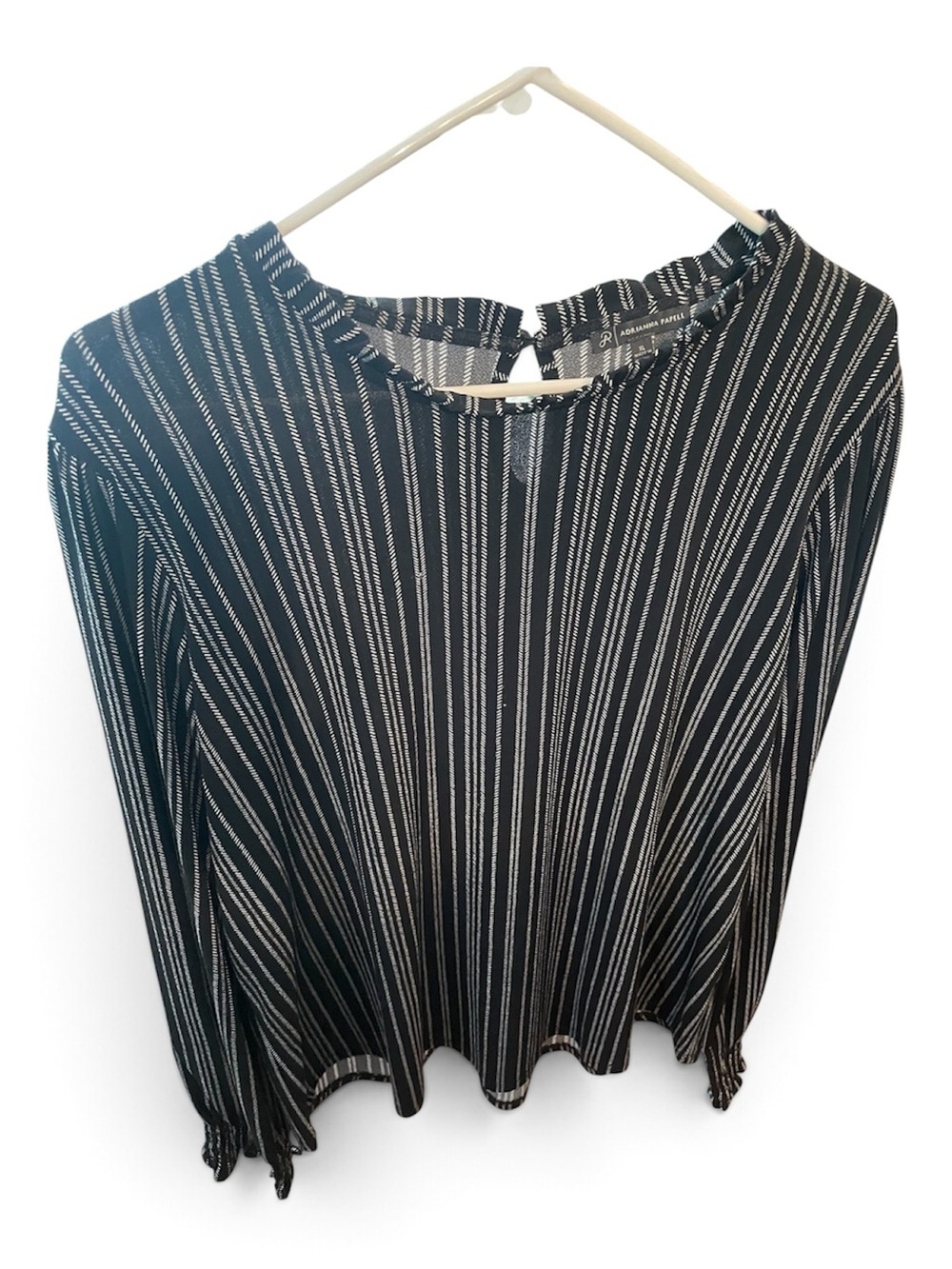Adrianna Papell Black and White Vertical Stripe Long Sleeve Blouse